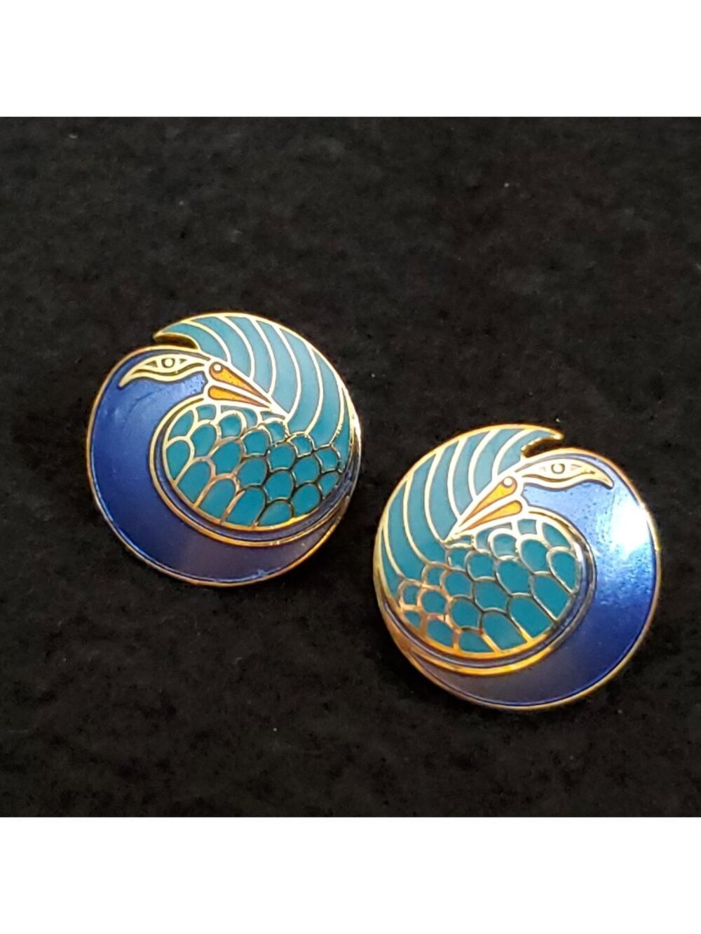 Vintage Laurel Burch Earrings Birds Gold Tone Blue Enamel Clip On .75"